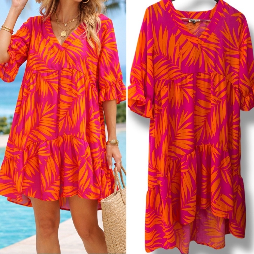 Fair Hope | NWOT Pink & Orange Palm Print V-Neck Beach Cover-Up Dress (sz M/L)